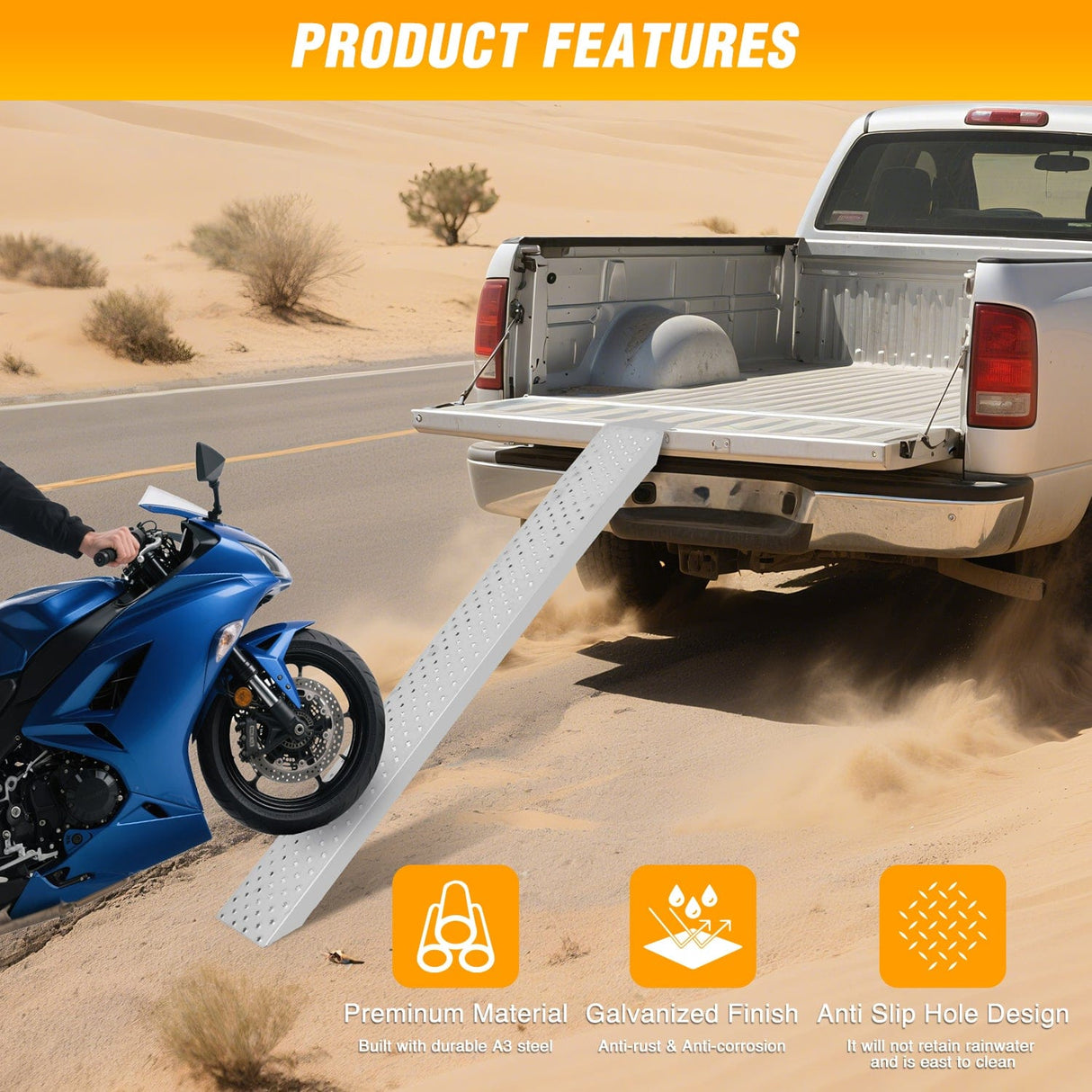 Curb Ramp Loading Ramps, 62.6Inch x 9Inch Heavy Duty Steel Trailer Ramp, 440lbs Capacity for Bicycle, Motorcycle, Scooter, Moped & More, 1 Pack