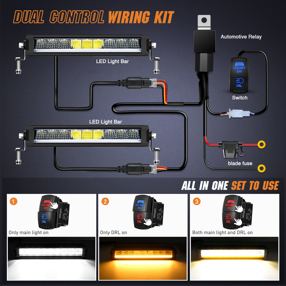 LED Light Bar with Amber DRL 2 PCS 45 W 12.2 Inch Single Row Slim 4980 LM Anti-Glare Flood Spot Combo IP68 Offroad Driving Lights w/ 16AWG DT Wiring Kit for Pickup Truck SUV ATV UTV 4x4 Jeep