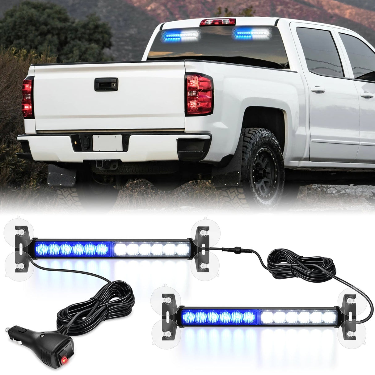 Led Strobe Light 24LED Emergency Strobe Traffic Advisor Light Bar 2 in 1 Blue White Dash Warning Safety Flashing Lights Front/Rear Windshield Construction Lights for Trucks Cars Plow Police Vehicles
