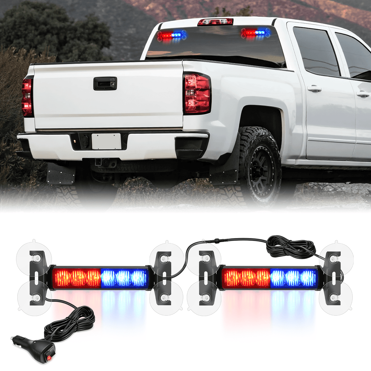 Led Strobe Light 12LED Emergency Strobe Traffic Advisor Light Bar 2 in 1 Red Blue Dash Warning Safety Flashing Lights Front/Rear Windshield Construction Lights for Trucks Cars Plow Police Firefighter Vehicles