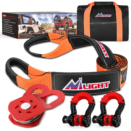 Shackle Recovery Ring 3 x 8 Inch Tow Strap with Winch Snatch Block Pulley and D-Ring Shackles
