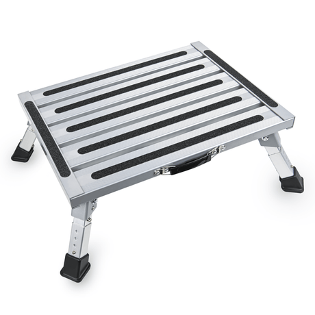 RV Parts RV Step Stool Aluminum Folding Platform Steps 19x14.5 RV Steps 4 Levels Adjustable Step Stool with Anti-Slip Surface Rubber Feet Handle