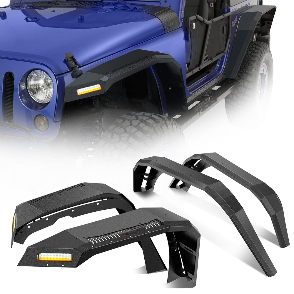 Fender 2007 2008 2009 2010 2011 2012 2013 2014 2015 2016 2017 2018 Jeep Wrangler JK 2 Door Wide Flat Front & Rear Fender Flares w/LED Lights Turn Signal Lights DRL
