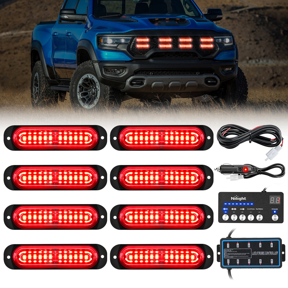 Led Strobe Light 8PCS Led Strobe Lights with Controller 12V 24V Sync Feature Red Strobe Light 12 LED Surface Mount Emergency Hazard Warning Lights with Strobe Controller for Vehicle Car Truck RV ATV