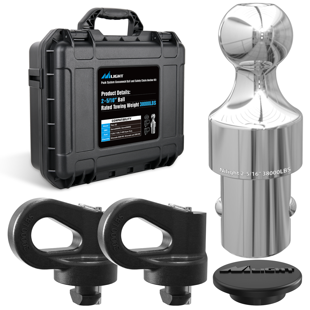 Nilight Puck System Gooseneck Hitch Kit (60692) for 2016-2025 Chevy Silverado & GMC Sierra & Nissan Titan XD, 2013-2025 Ford F250 F350 F450, 2-5/16Inch Ball and Chain Anchor w/Storage Box