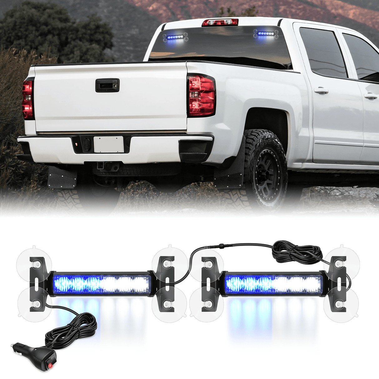 Led Strobe Light 12LED Emergency Strobe Traffic Advisor Light Bar 2 in 1 Blue White Dash Warning Safety Flashing Lights Front/Rear Windshield Construction Lights for Trucks Cars Plow Police Vehicles