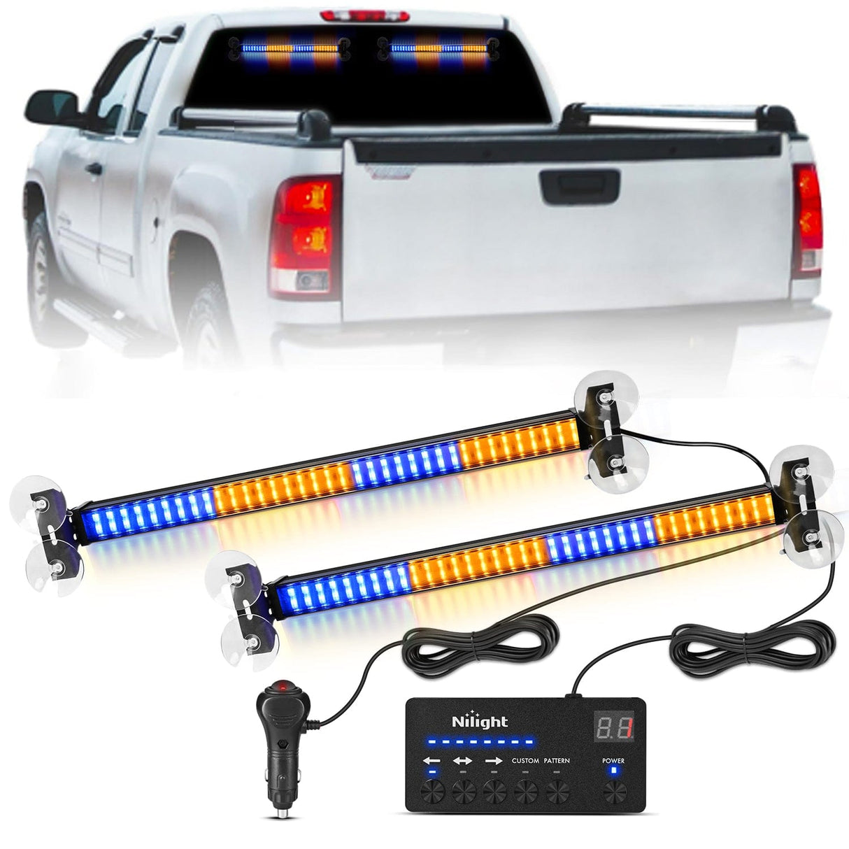 Led Strobe Light 144 LED Strobe Traffic Advisor Light Bar Amber Blue with Controller 2 in 1 Automotive Emergency Warning Flashing Police Windshield Lights Bars for Cars Tow Plow Trucks Construction Vehicles