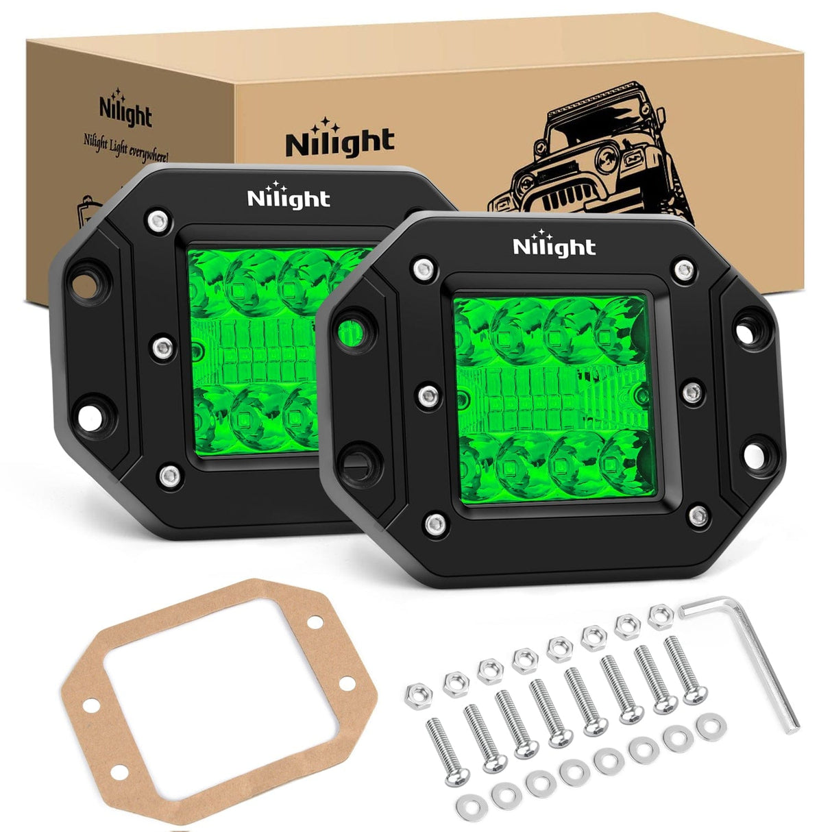 Light Bar Wiring Kit Flush Mount LED Light Pods 2 PCS 42 W Green Upgraded Spot Flood Combo Bumper Driving Fog Lights Fishing Hunting Emergency Safety Signal Light for UTV Pickup Van Boat Tractor