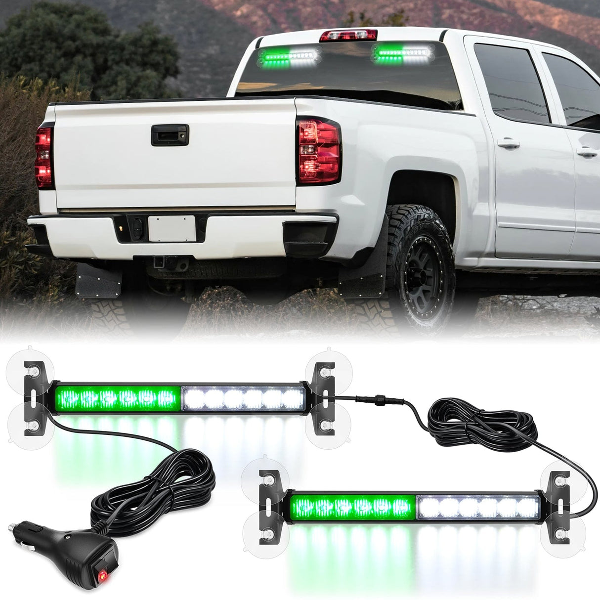 Led Strobe Light 24LED Emergency Strobe Traffic Advisor Light Bar 2 in 1 Green White Dash Warning Safety Flashing Lights Front/Rear Windshield Construction Lights for Trucks Cars Plow Police Vehicles