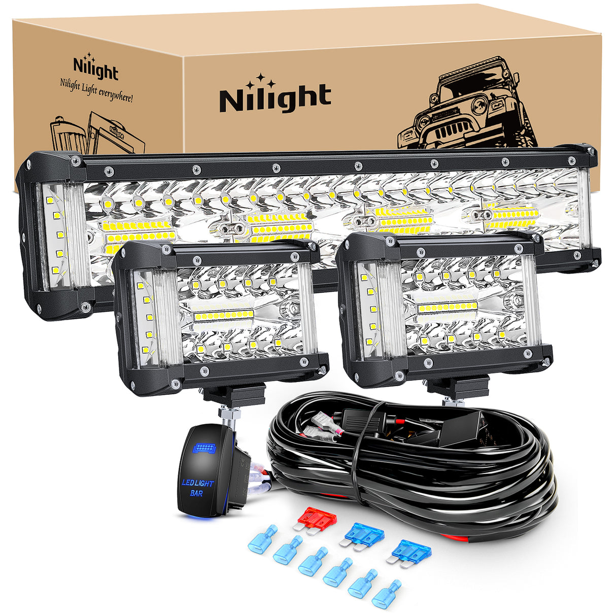 Nilight Side Shooter LED Light Bar Set 12 Inch Triple Row Spot Flood Combo Lights 2PCS 4.3Inch Pods with 5Pin Rocker Switch Wiring Harness Kit for Off-Road Truck ATV UTV Boat