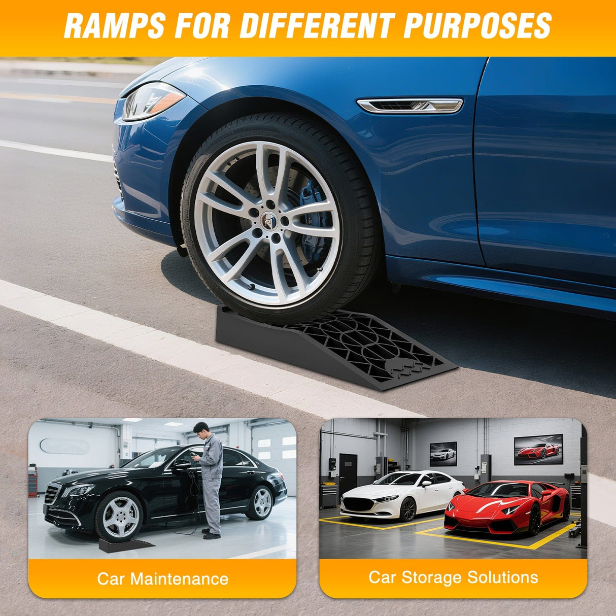 Curb Ramp Car Ramps, Portable Low Profile Vehicles Service Ramp for Home Garage Maintenance, 10,000lb GVW Capacity, 2 Pack