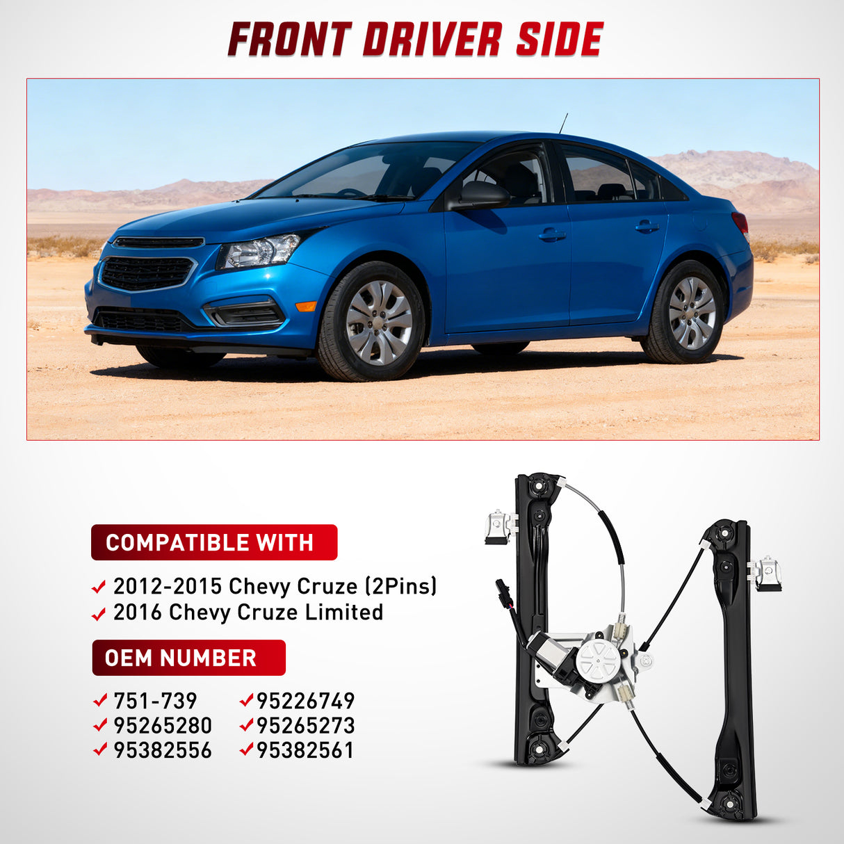 751-739 Power Window Regulator with Motor for Front Driver Side Compatible with Chevy Cruze 2012 2013 2014 2015 2016 Chevy Cruze Limited Front Left Side
