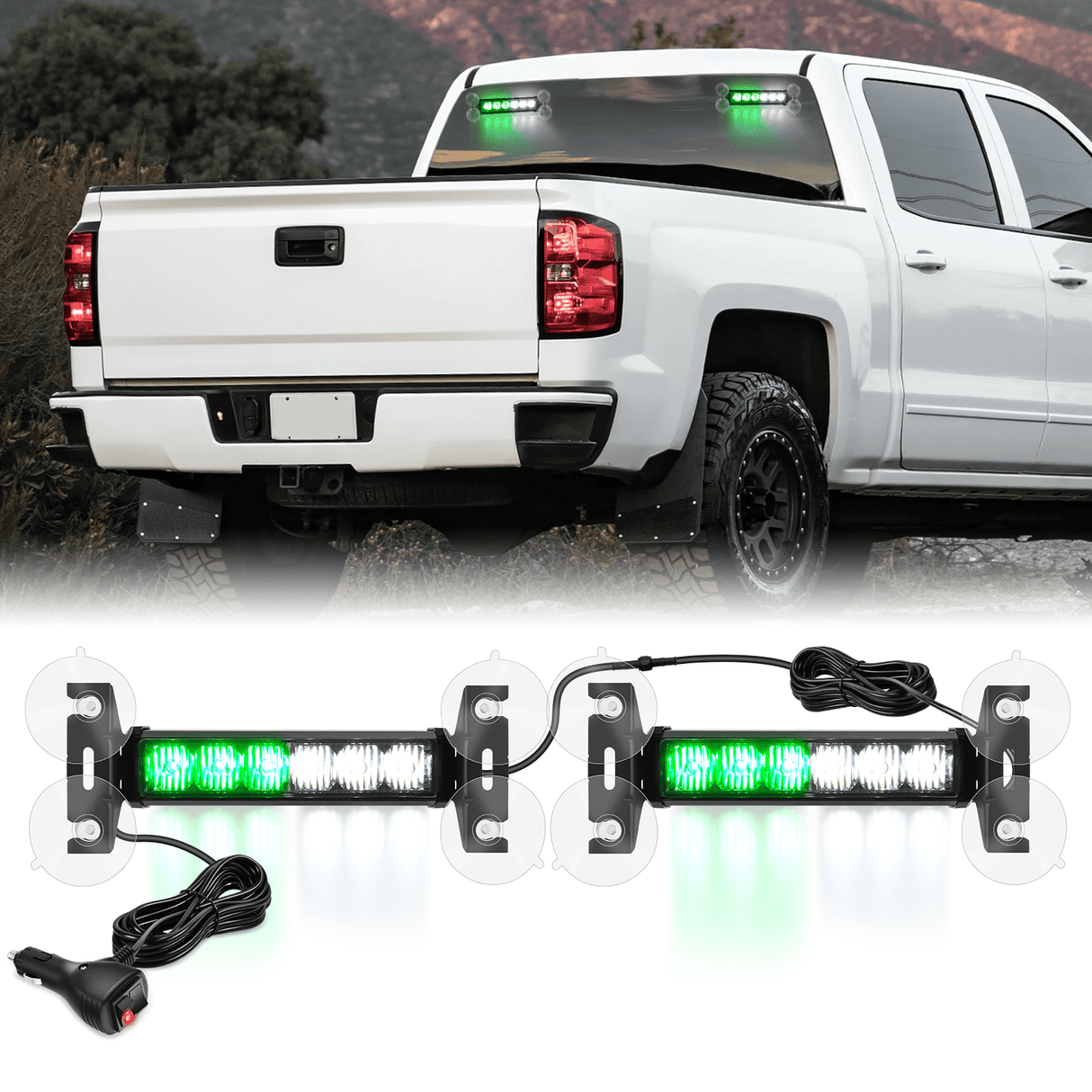 Led Strobe Light 12LED Emergency Strobe Traffic Advisor Light Bar 2 in 1 Green White Dash Warning Safety Flashing Lights Front/Rear Windshield Construction Lights for Trucks Cars Plow Police Vehicles