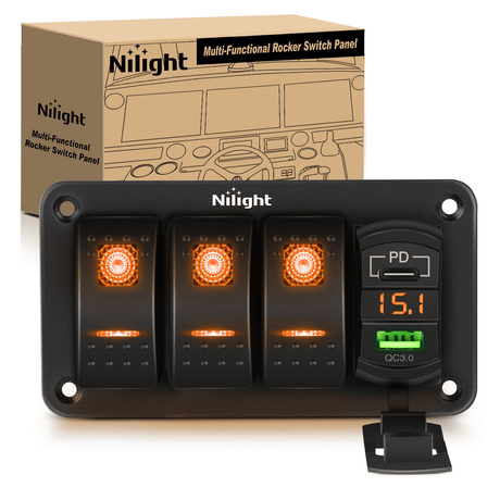Rocker Switch 3 Gang Switch Panel With QC3.0 & PD Charger And Voltmerter with Orange Backlit