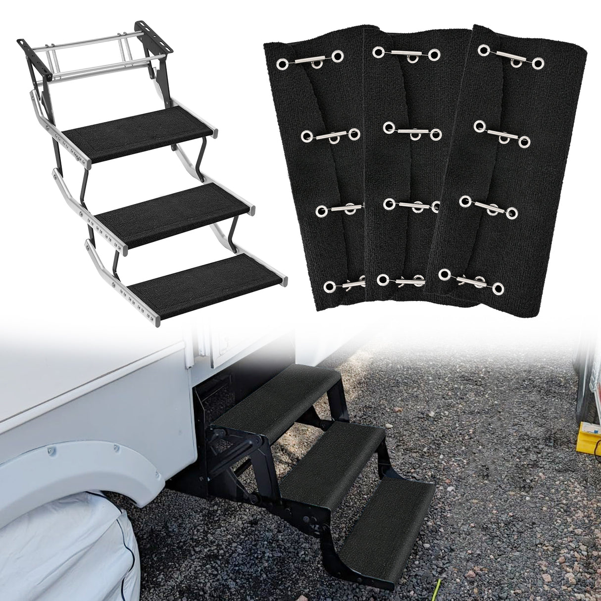 Nilight RV Step Covers 3 Pack 20 inch, Fits 8-10Inch Deep Camper Steps Adjustable Wrap Around RV Step Rug with Spring Works on Electrical & Manual RV Stairs Carpet for Camper Trailers Steps Outside,Black