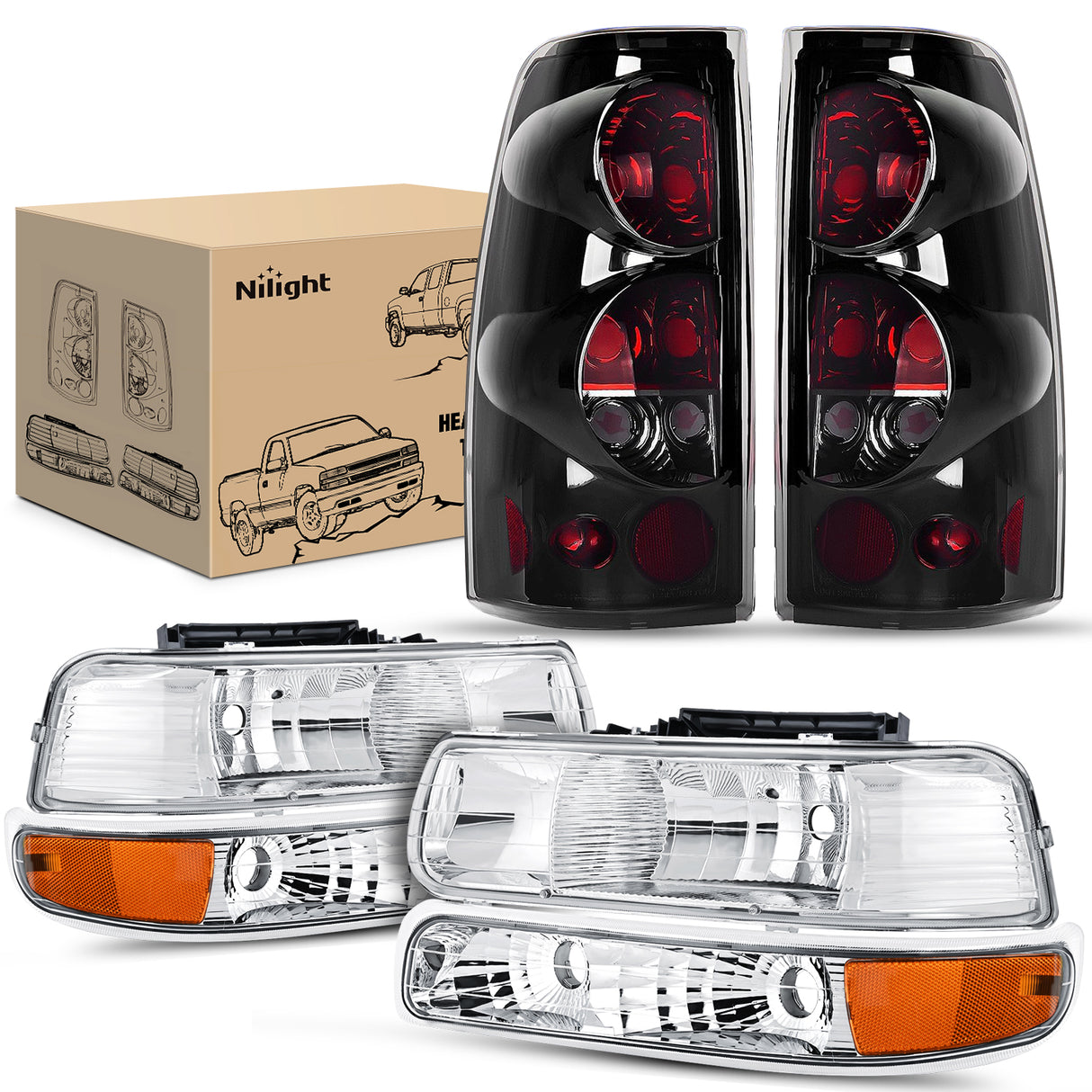 Nilight Headlight and Taillight Assembly Combo Compatible with 1999 2000 2001 2002 Chevy Silverado 1500 2500 1500HD 2500HD 3500 OE Style Chrome Housing Amber Reflector Smoke