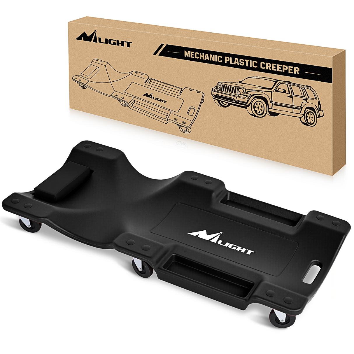 Creeper Seat 40 Inch Mechanic Plastic Creeper -40 Inches Blow-Molded Rolling Garage Cart with Padded Headrest, Dual Tool Trays and 6 Casters, Black