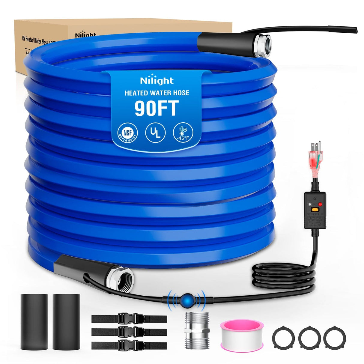 RV Parts 90FT Heated Water Hose RV 5/8inch Inside Diameter -45°F Freeze Protaction Antifreeze Garden Drinking Hoses with Saving Thermostat and Smart Heat System for Winter Camper Supply Accessories