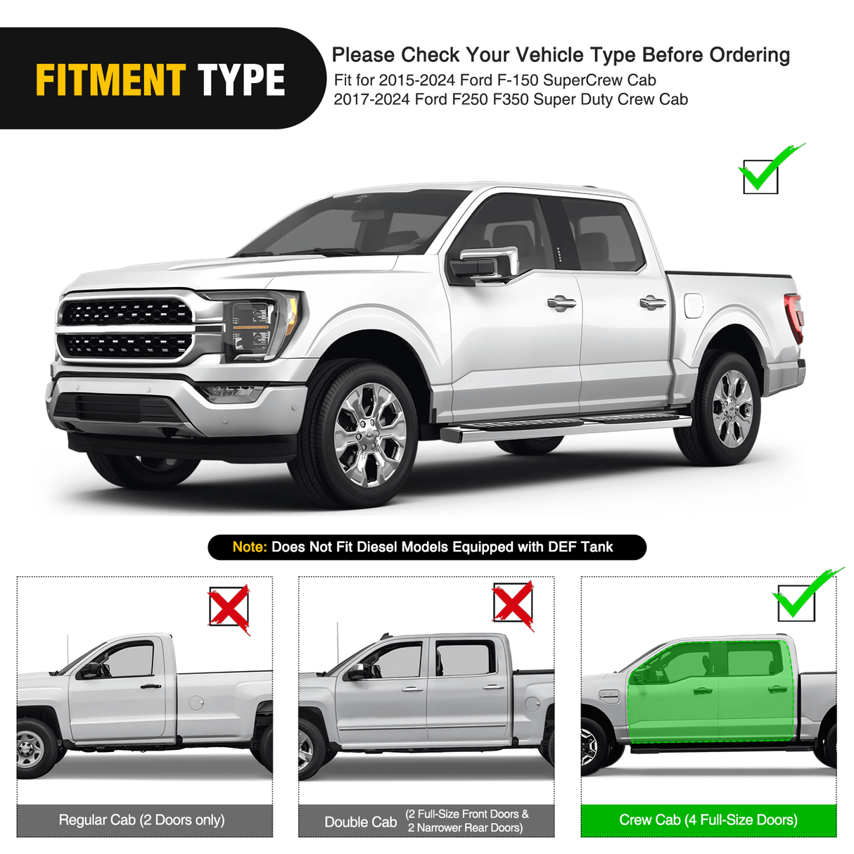 Running Board Running Boards for 2015 2016 2017 2018 2019 2020 2021 2022 2023 2024 2025 Ford F-150 SuperCrew Cab 2017 2018 2019 2020 2021 2022 2023 2024 2025 Ford F250 F350 Super Duty Crew Cab 6 Inch Stainless Steel Bolt-on Side Step Nerf Bars