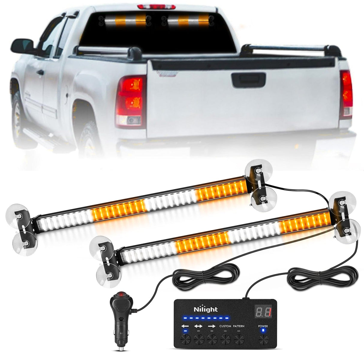Led Strobe Light 144 LED Strobe Traffic Advisor Light Bar Amber White with Controller 2 in 1 Automotive Emergency Warning Flashing Police Windshield Lights Bars for Cars Tow Plow Trucks Construction Vehicles