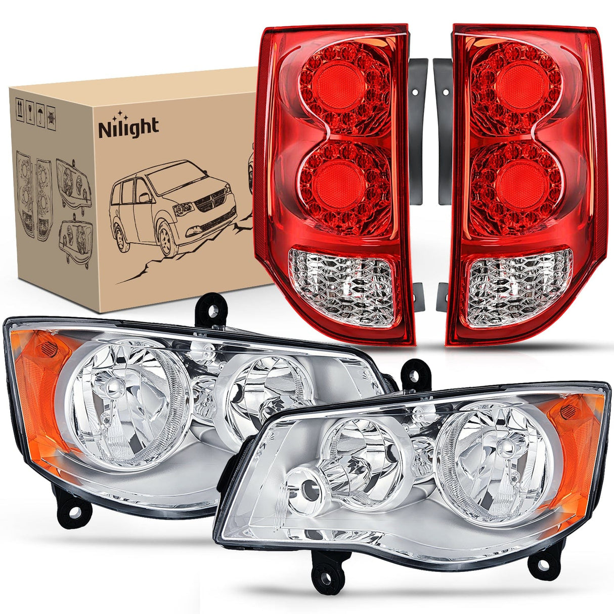Taillight Assembly Headlight and Taillight Assembly Combo Compatible with 2011 2012 2013 2014 2015 2016 2017 2018 2019 2020 Dodge Grand Caravan OE Style Chrome Housing Amber Reflector with Red Housing Tail Light