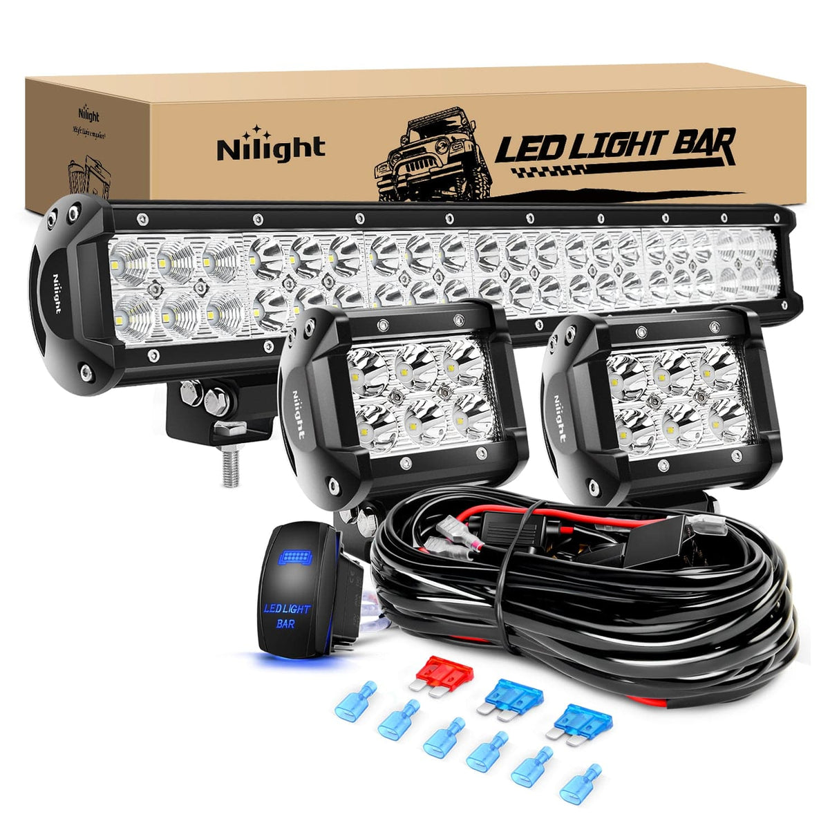 20Inch 126W Led Light Bars 2Pcs 18W Led Pods with Wiring Harness Kit-3 Leads