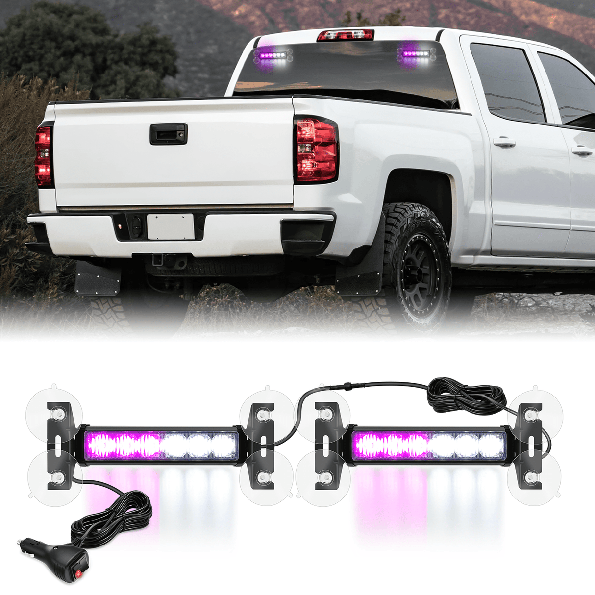 Led Strobe Light 12LED Emergency Strobe Traffic Advisor Light Bar 2 in 1 Purple White Dash Warning Safety Flashing Lights Front/Rear Windshield Construction Lights for Trucks Cars Plow Police Vehicles