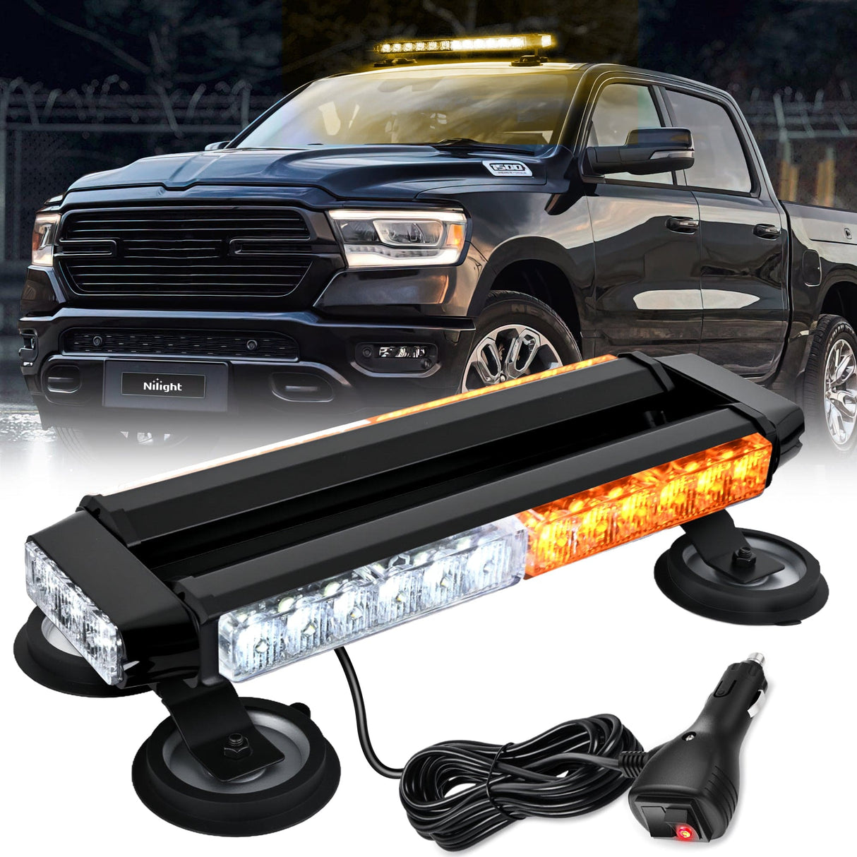 LED Light Bar 14.5 Inch 30LED Strobe Light Bar Double Side Rooftop Emergency Flashing Lights Amber White Safety Warning Hazard Light Bars with Magnetic Base for Construction Vehicles Plow Trucks Pickup