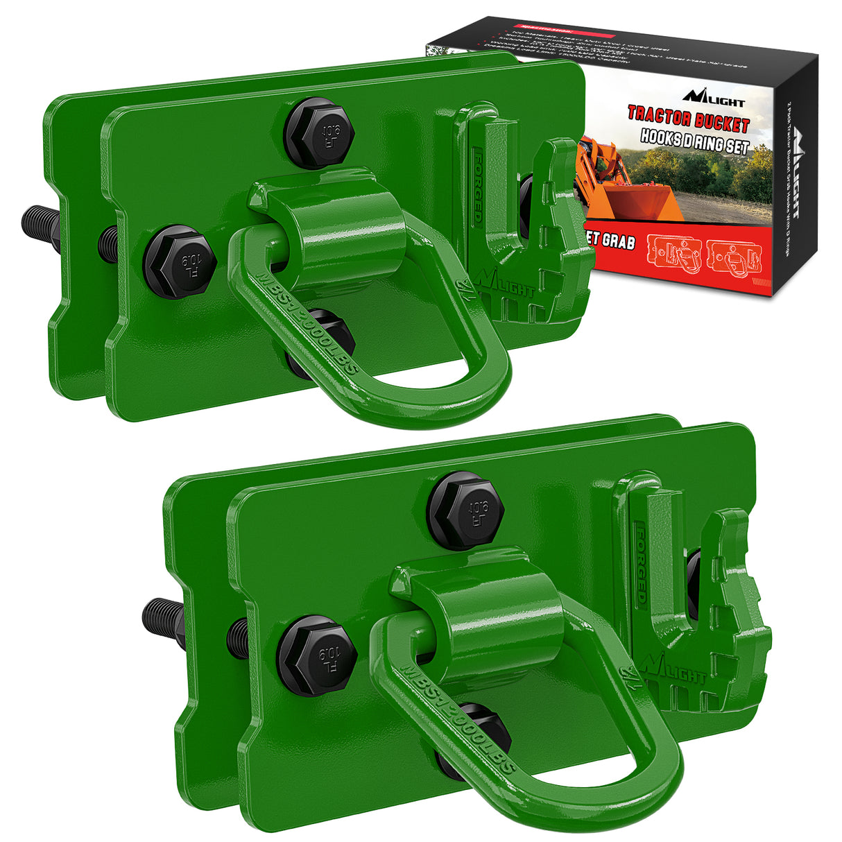 Nilight 2PCS Tractor Bucket Hooks with Tie Down Ring, Bolt-On Grab Hook with Back Plates Compatible with Trailer RV UTV Truck, Grade 70 Grade Forged Steel Max 15000 lbs, Green