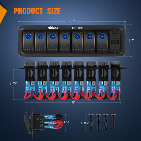 Rocker Switch 7 Gang Switch Panel With QC3.0 & PD Charger And Voltmerter with Blue Backlit