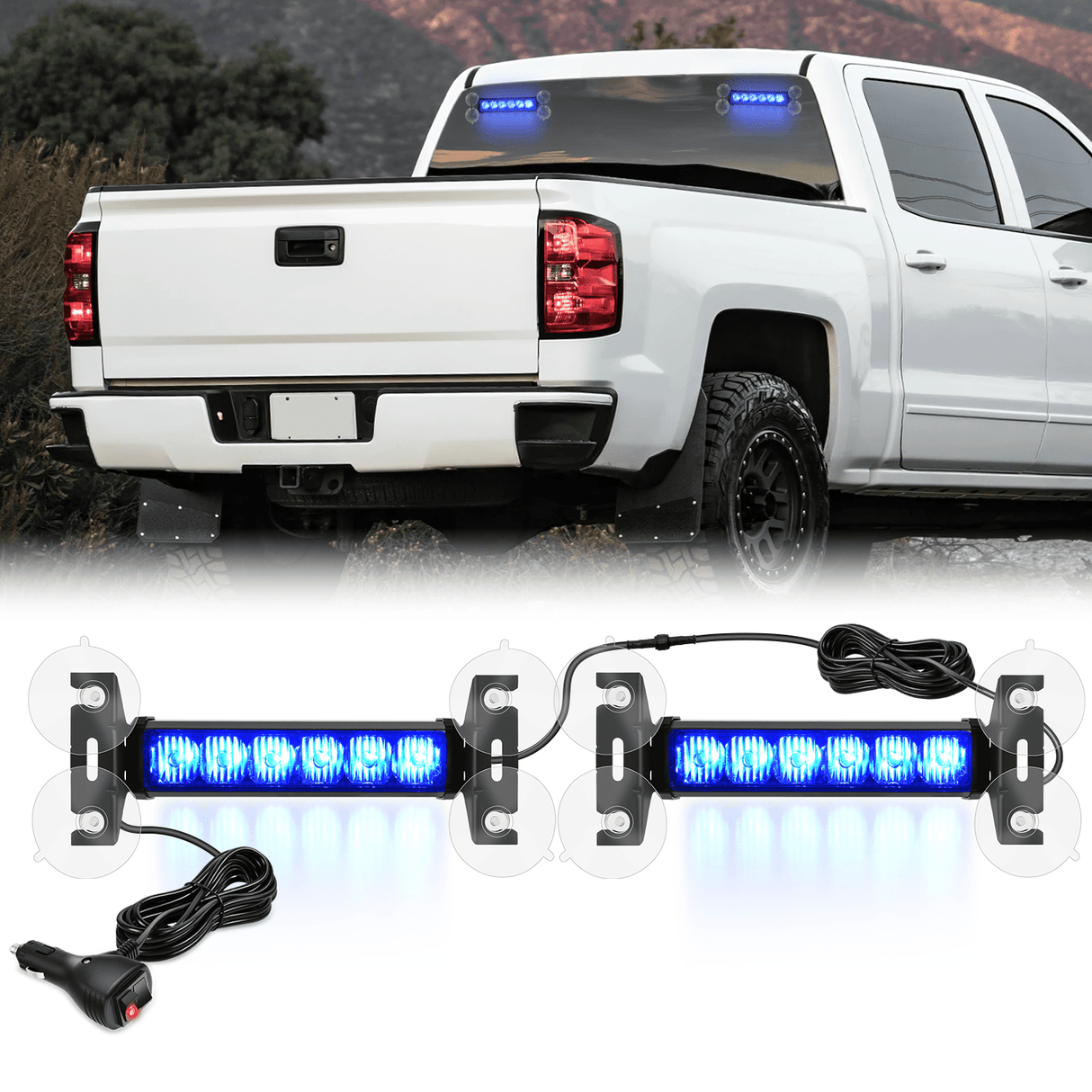 Led Strobe Light 12LED Emergency Strobe Traffic Advisor Light Bar 2 in 1 Blue Dash Warning Safety Flashing Lights Front/Rear Windshield Construction Lights for Trucks Cars Plow Police Firefighter Vehicles