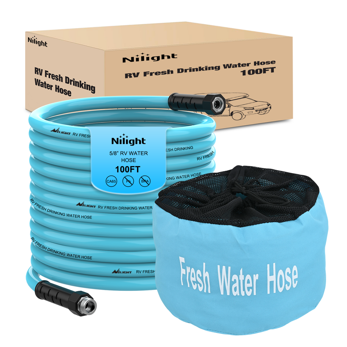 Nilight RV Parts RV Water Hose 100FT Garden Drinking Hoses with Storage Bag Leakproof Anti-Kink 5/8 Inch Inner Diameter Flexible Lightweight Freshwater Hose for RVs Campers Travel Trailer Boat Car Wash Accessories