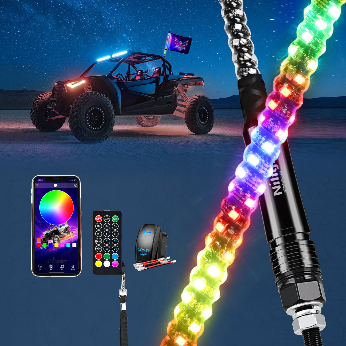 Nilight RGB Whip Light 1PC 2FT Lighted Antenna Whips with Remote & App Control DIY Chasing Patterns Brake Reverse Lights for ATV UTV Polaris RZR Can-am Dune Buggy Pickup Trucks Jeep