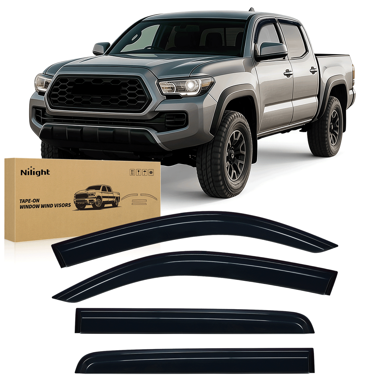 Window Rain Guards for Toyota Tacoma Double Cab 2016 2017 2018 2019 2020 2021 2022 2023, Out-Channel Window Visors Vent Wind Deflectors-4PCS