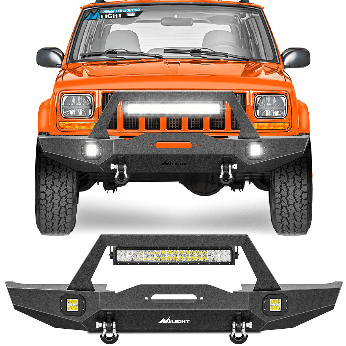 Front Bumper 1984 1985 1986 1987 1988 1989 1990 1991 1992 1993 1994 1995 1996 1997 1998 1999 2000 2001 Jeep Cherokee XJ Front Bumper Winch Plate 120W Light Bar 18W Light Pods