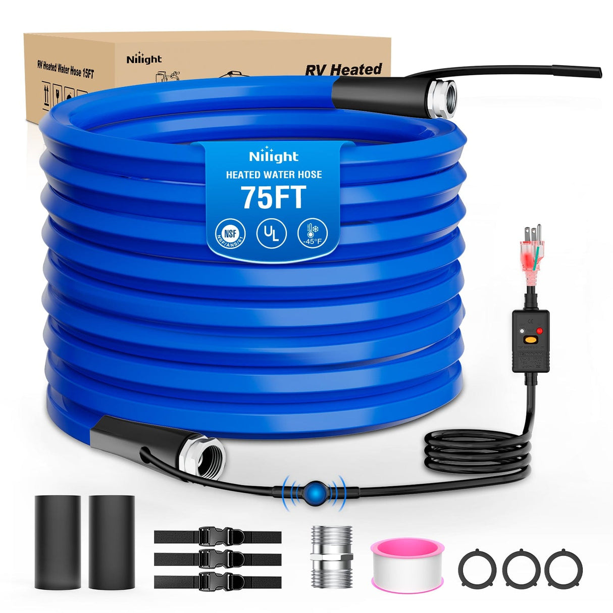 RV Parts 75FT Heated Water Hose RV 5/8inch Inside Diameter -45°F Freeze Protaction Antifreeze Garden Drinking Hoses with Saving Thermostat and Smart Heat System for Winter Camper Supply Accessories
