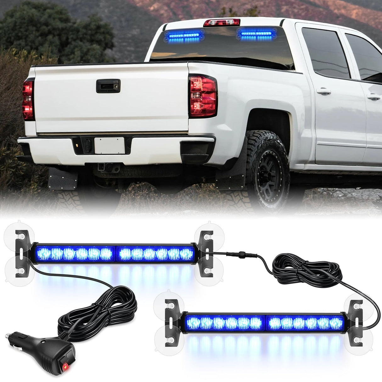 Led Strobe Light 24LED Emergency Strobe Traffic Advisor Light Bar 2 in 1 Blue Dash Warning Safety Flashing Lights Front/Rear Windshield Construction Lights for Trucks Cars Plow Police Firefighter Vehicles