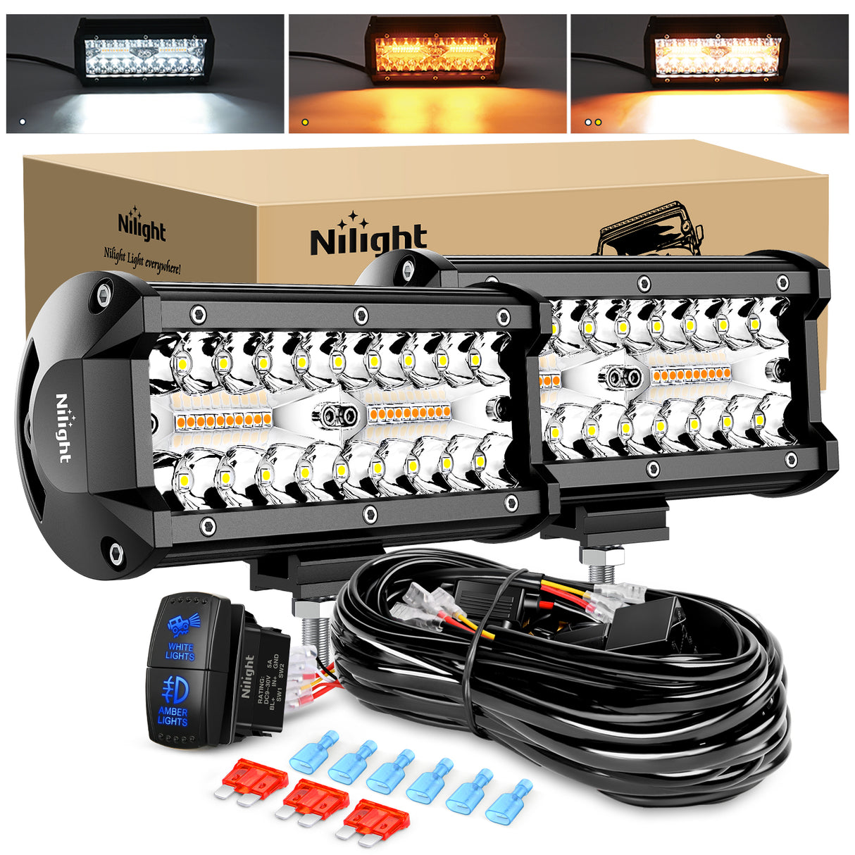 LED Light Bar 6.5Inch Off-Road LED Light Bar, 2PCS 120W 3 Lighting Modes (White/Amber/White&Amber) Driving Fog Light Spot Flood Lights with 18AWG Wiring Harness for Truck Car ATV SUV Jeep Boat