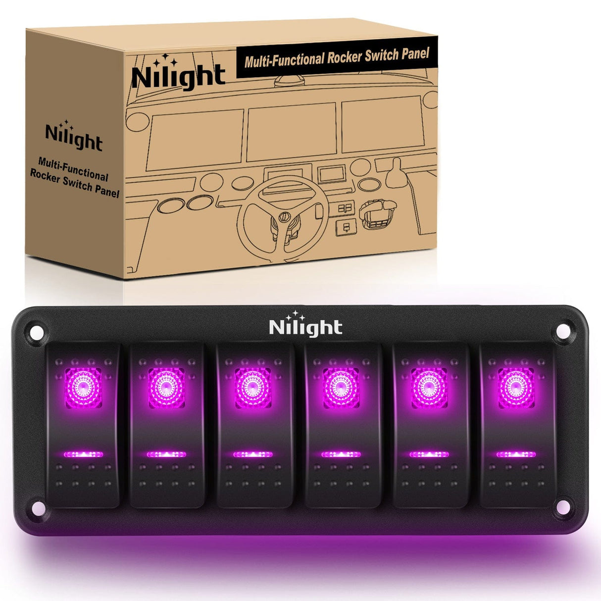 Rocker Switch 6Gang Aluminum 5Pin ON/Off Rocker Switch Panel Purple