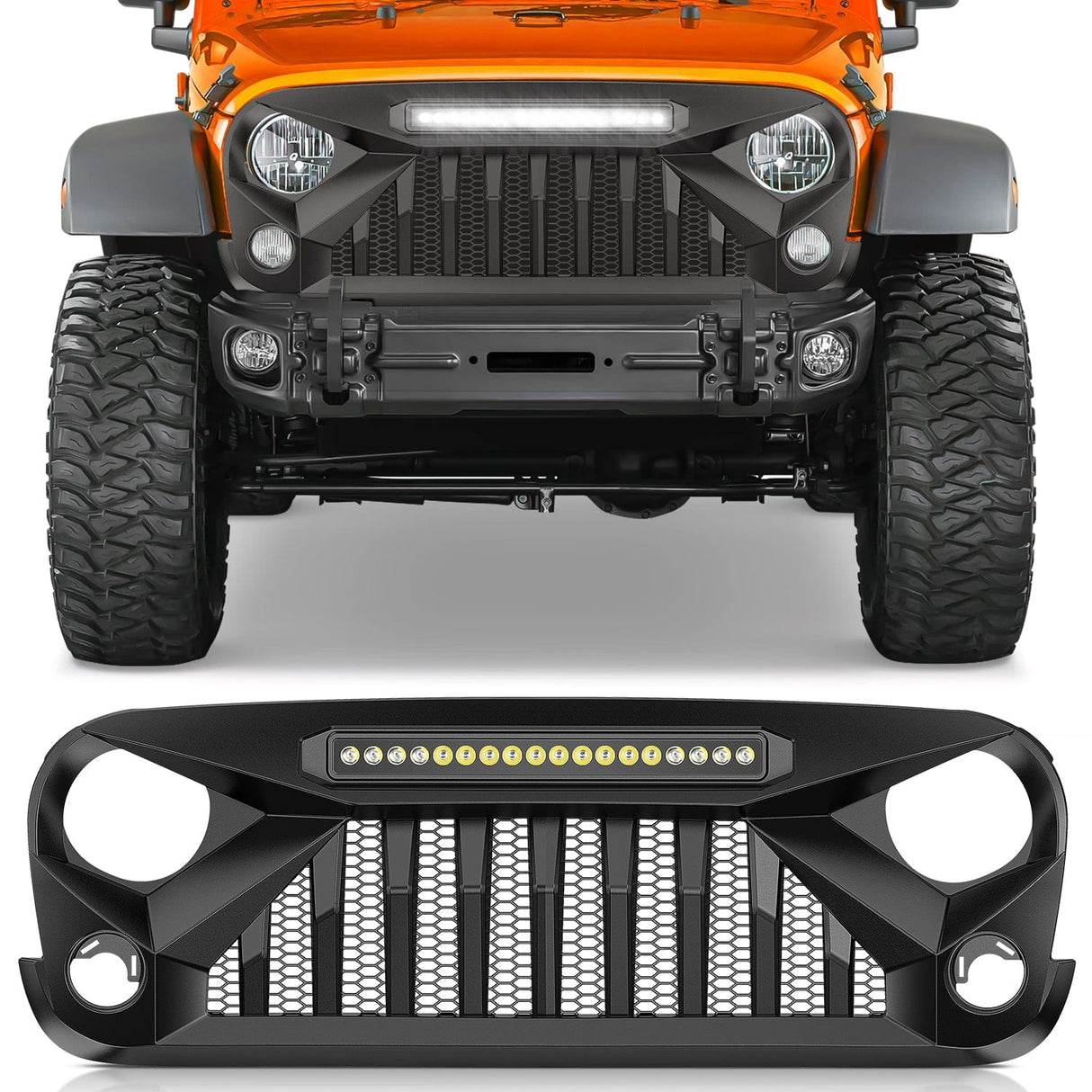 Front Bumper Front Bumper Grill Cover for 2007 2008 2009 2010 2011 2012 2013 2014 2015 2016 2017 2018 Wrangler JK/JKU Rubicon, & Sahara Sport with LED Work Light Pods Matte Black
