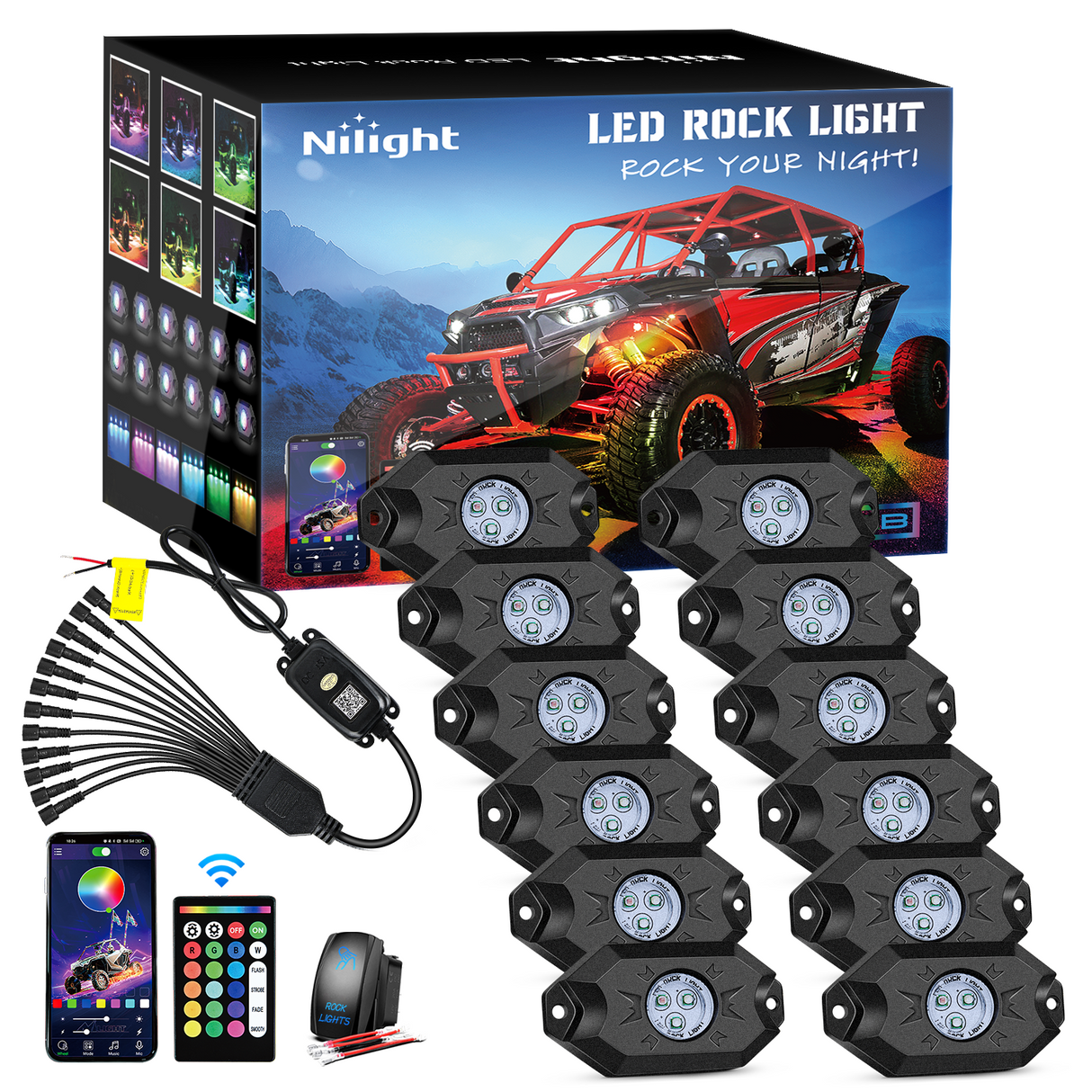 Nilight RGB LED Rock Lights Kit 12 Pods Underglow Multicolor Neon Pod with Remote & Bluetooth App Control DIY Flashing Music Mode Wheel Well Light for Truck ATV UTV RZR SUV