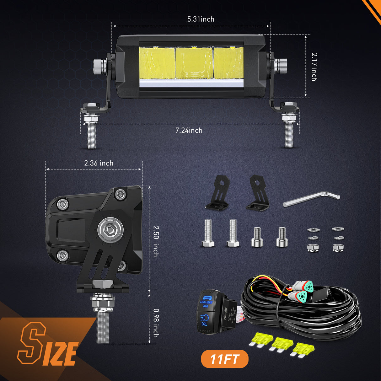 LED Light Bar with Amber DRL 2 PCS 15 W 5.3 Inch Single Row 1680 LM Anti-Glare Spot Offroad Slim Driving Lights IP68 w/ 16AWG DT Wiring Kit for Pickup Truck SUV ATV UTV Boat 4x4 Jeep