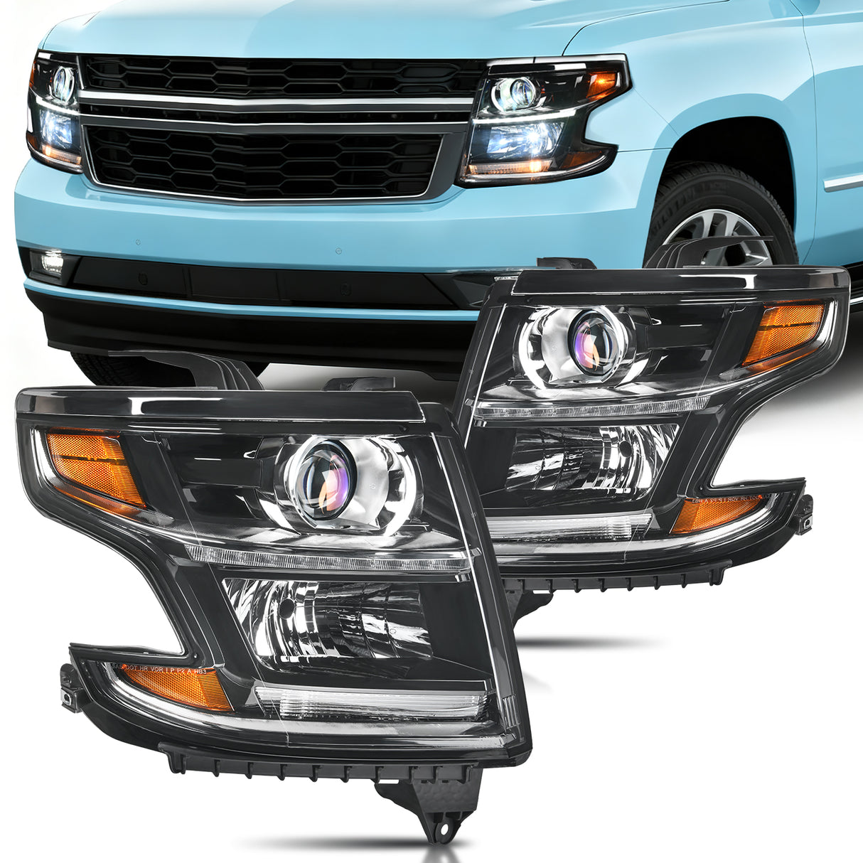2015 2016 2017 2018 2019 2020 Chevy Tahoe Suburban Headlight Assembly Black Housing Amber Reflector Clear Lens
