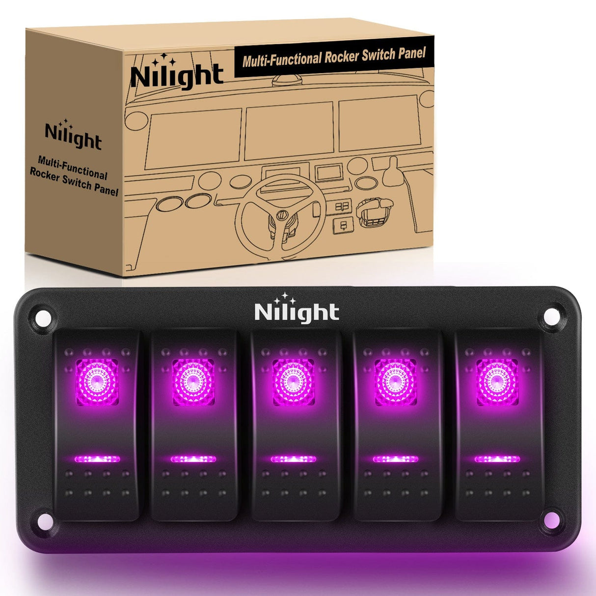 Rocker Switch 5Gang Aluminum 5Pin ON/Off Rocker Switch Panel Purple