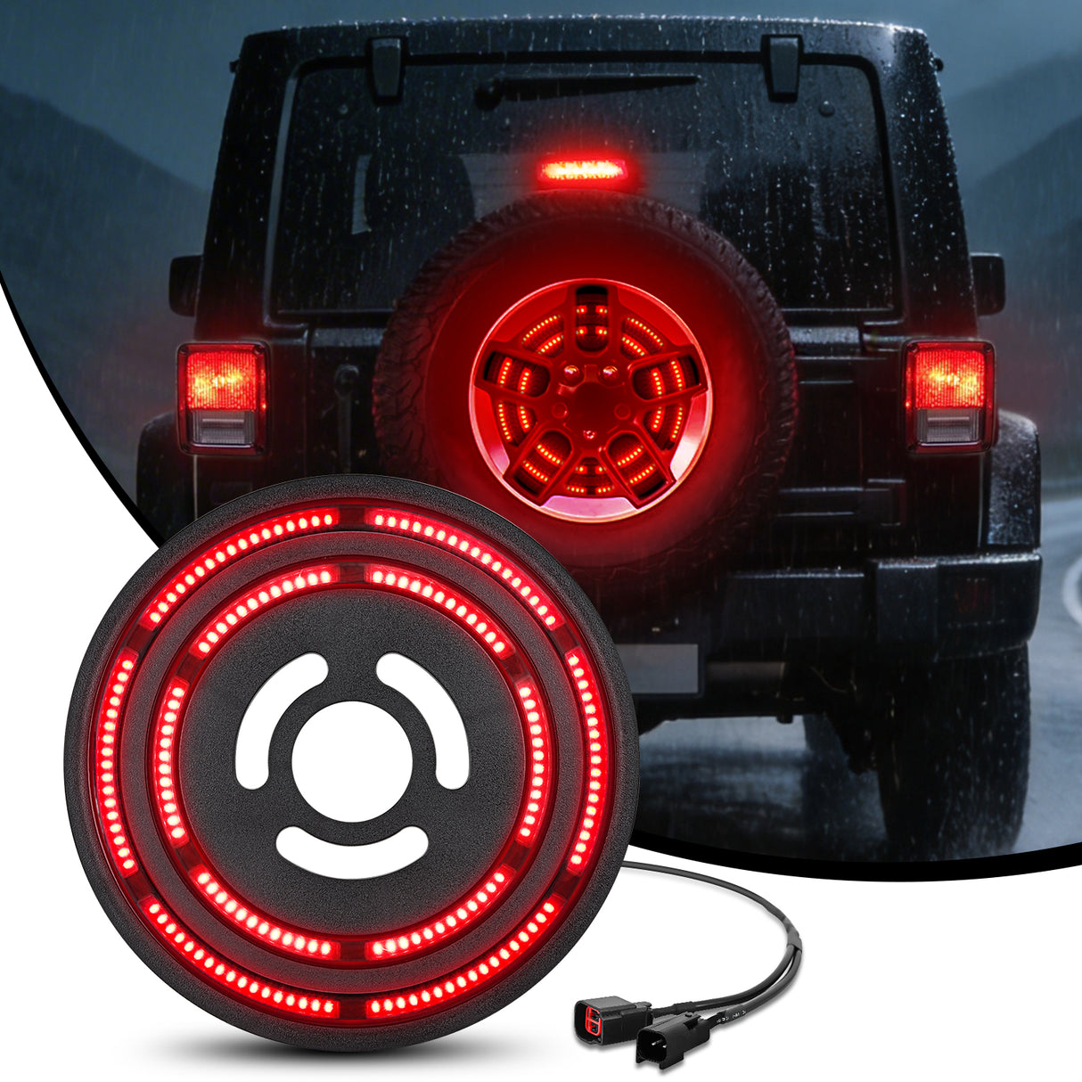 Tail Brake Turn Reverse Lights Spare Tire Brake Light Red Double Row LED Ring 3rd Third Stop Rear Wheel Lights Plug and Play Fit for 2007-2017 Jeep Wrangler JK JKU