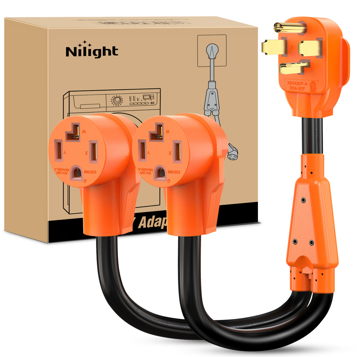 Nilight EV Dryer Y Splitter Adapter Cord 30 Amp Male Plug to Two 30Amp Female Receptacle 4 Prong 125V/250V 7500 Watt Pure Copper Conversion Heavy Duty STW 10 AWG Cable 14-30P 14-30R 30M/30F
