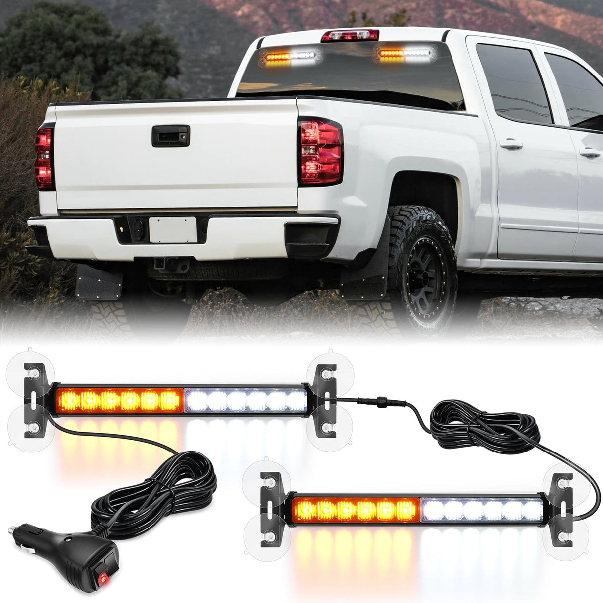 Led Strobe Light 24LED Emergency Strobe Traffic Advisor Light Bar 2 in 1 Amber White Dash Warning Safety Flashing Lights Front/Rear Windshield Construction Lights for Trucks Cars Plow Police Vehicles