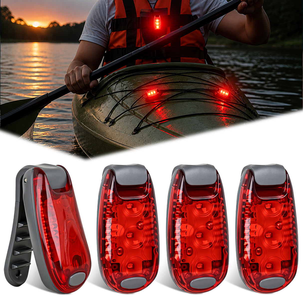 LED Safety Light 4PCS Red Marine Navigation Bike Tail Lights Three Modes Waterproof Reflective Gear Clip On Flash Strobe Indicator Lamp for Night Boating Fishing Cycling Jogging