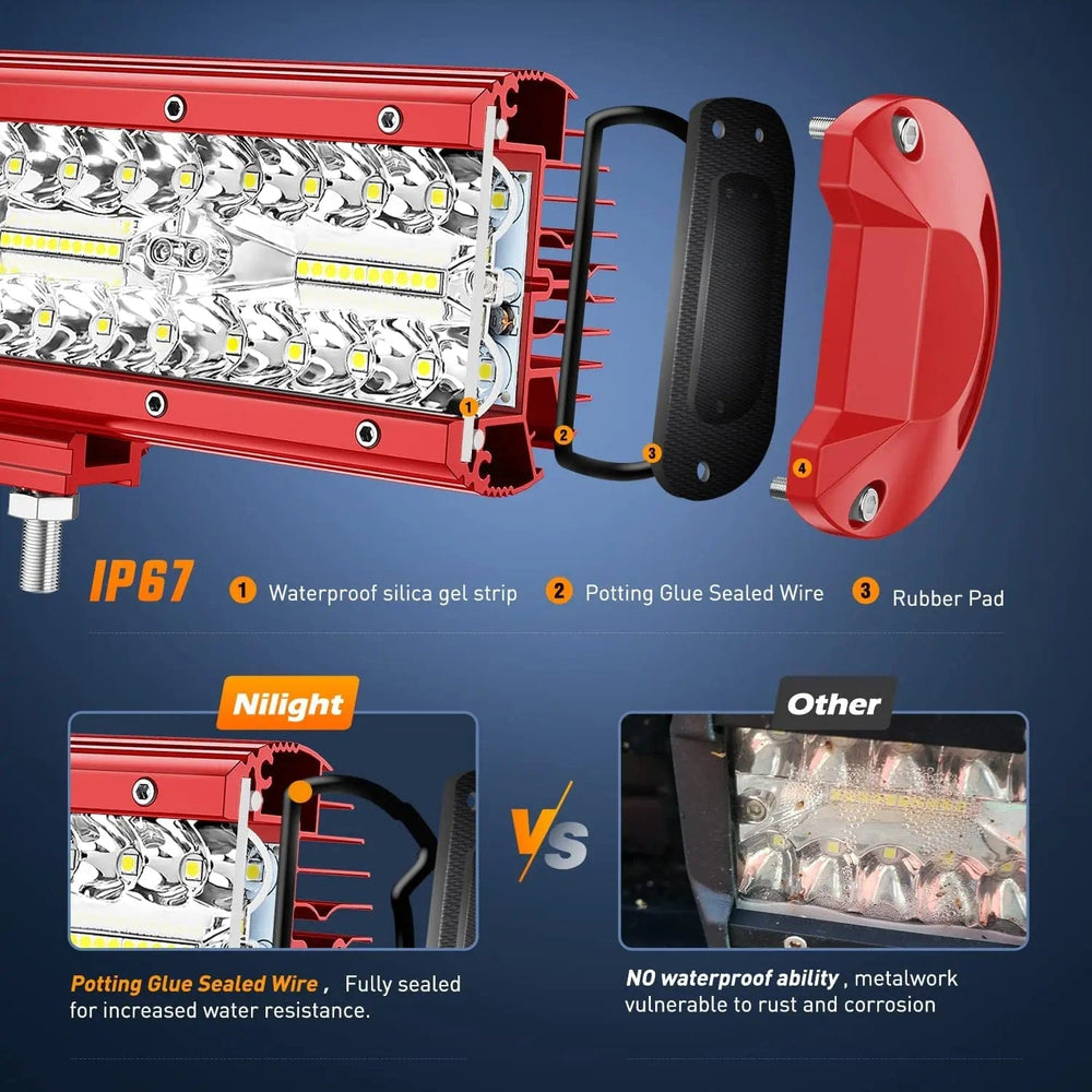 LED Light Bar 20 Inch 420W Triple Row Red Case Spot Flood LED Light Bar | 16AWG Wire 3Pin Switch