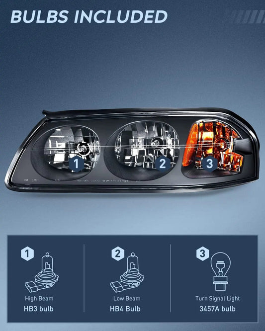 Headlight Assembly 2000 2001 2002 2003 2004 Chevy Impala Headlight Assembly Black Case Amber Reflector